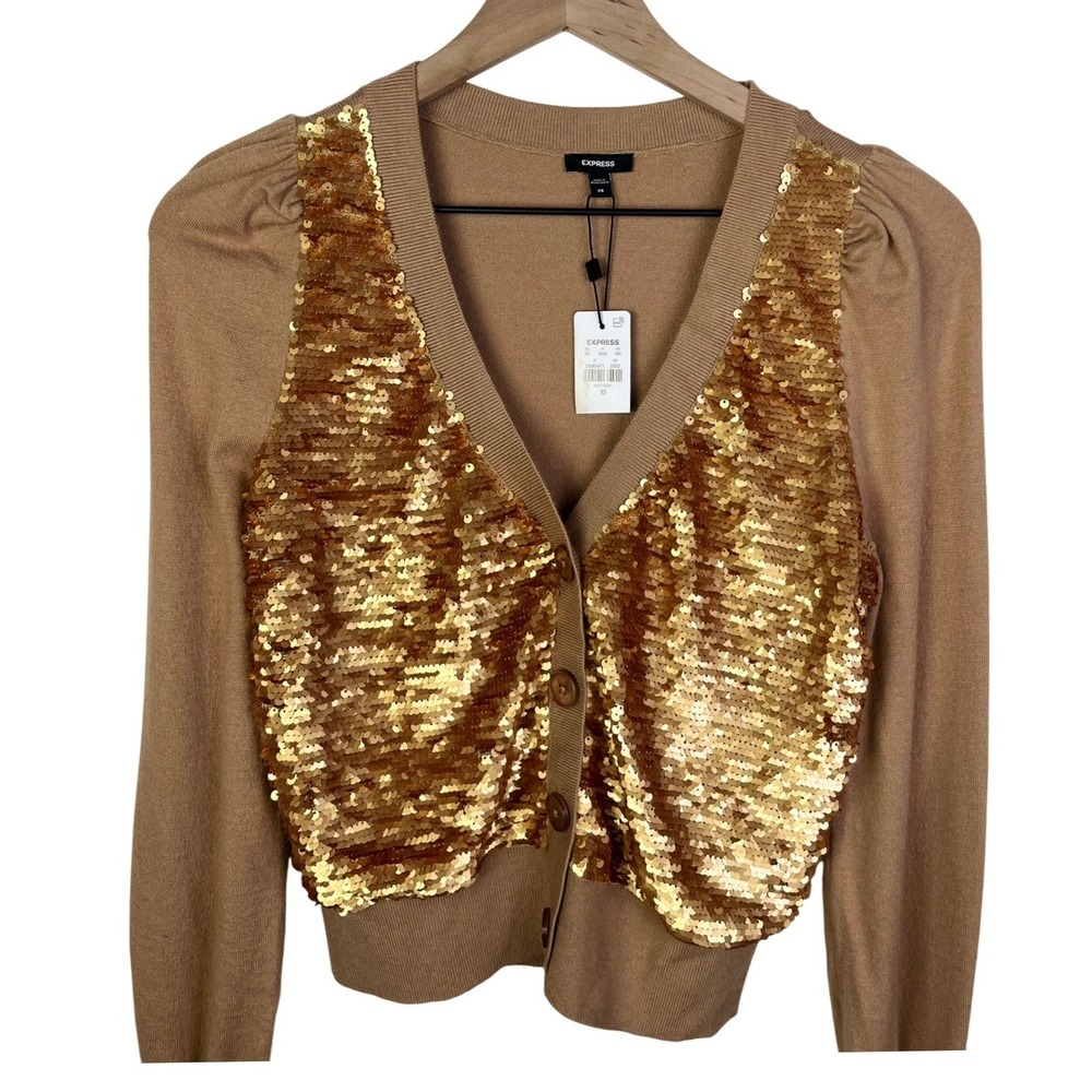 Express Women's Camel Party Sequin V Neck Button Front Cardigan Sweater New XS